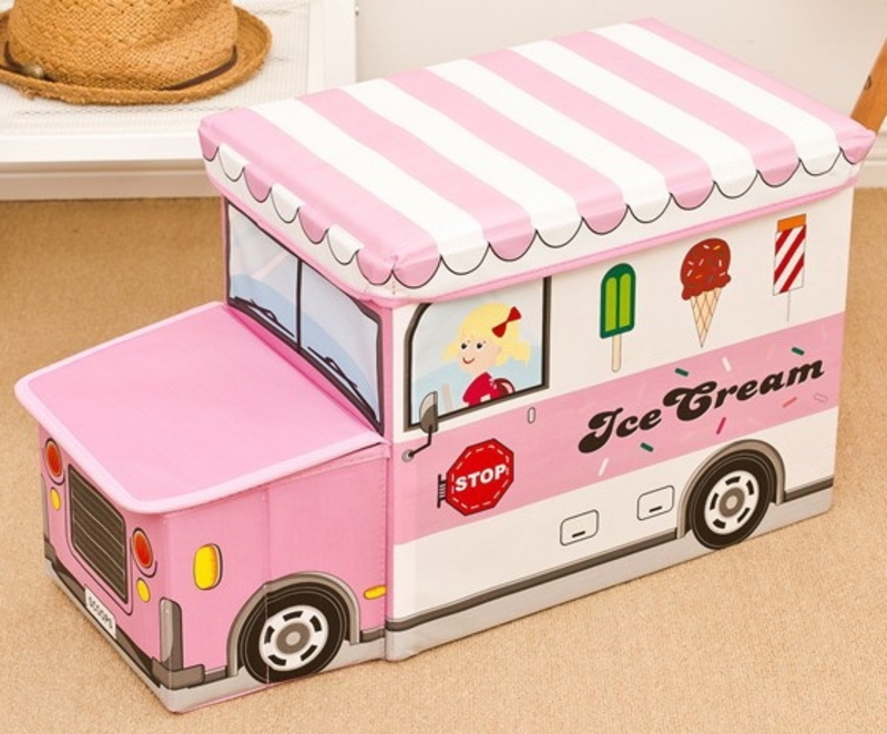 Пуф Короб складной, ящик для игрушек С КАПОТОМ Автобус с Мороженым розовый, фото №2