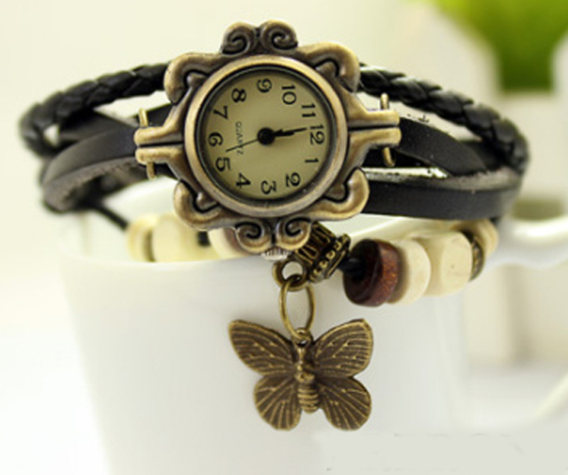 Часы браслет с бабочкой (черные)
