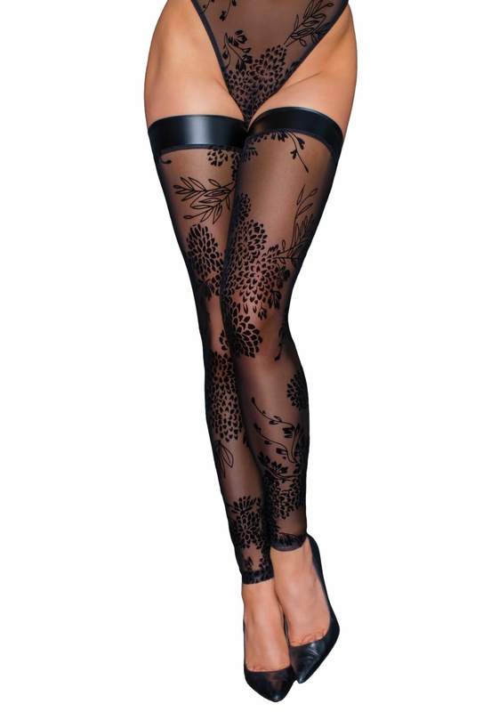 Чулки Noir Handmade F243 Tulle stockings with patterned flock embroidery - 3XL, numer zdjęcia 2