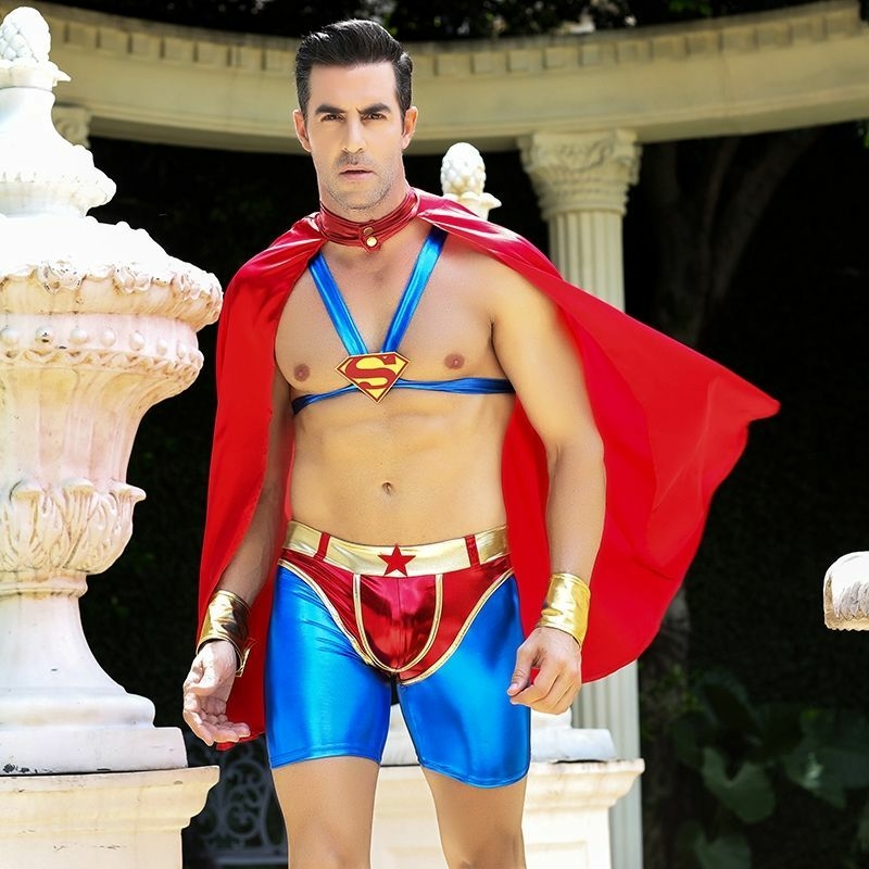 Мужской эротический костюм супермена "Готовый на всё Стив" One Size: плащ, портупея, шорты, манжеты, фото №2