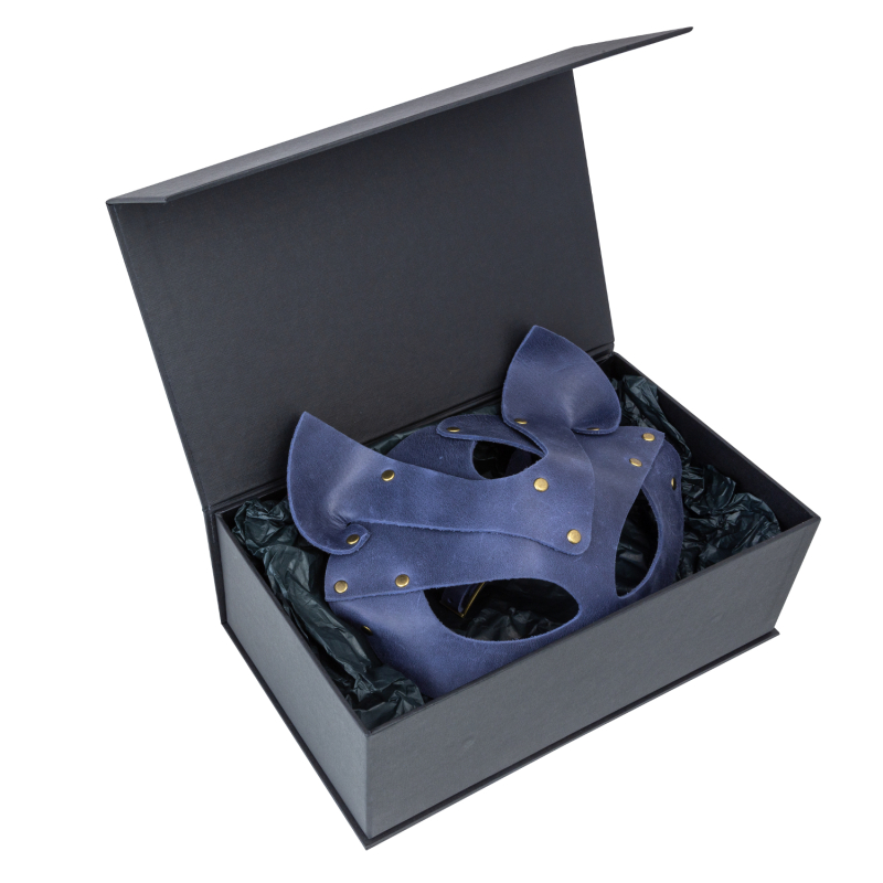 Премиум маска кошечки LOVECRAFT, натуральная кожа, голубая, подарочная упаковка, фото №7
