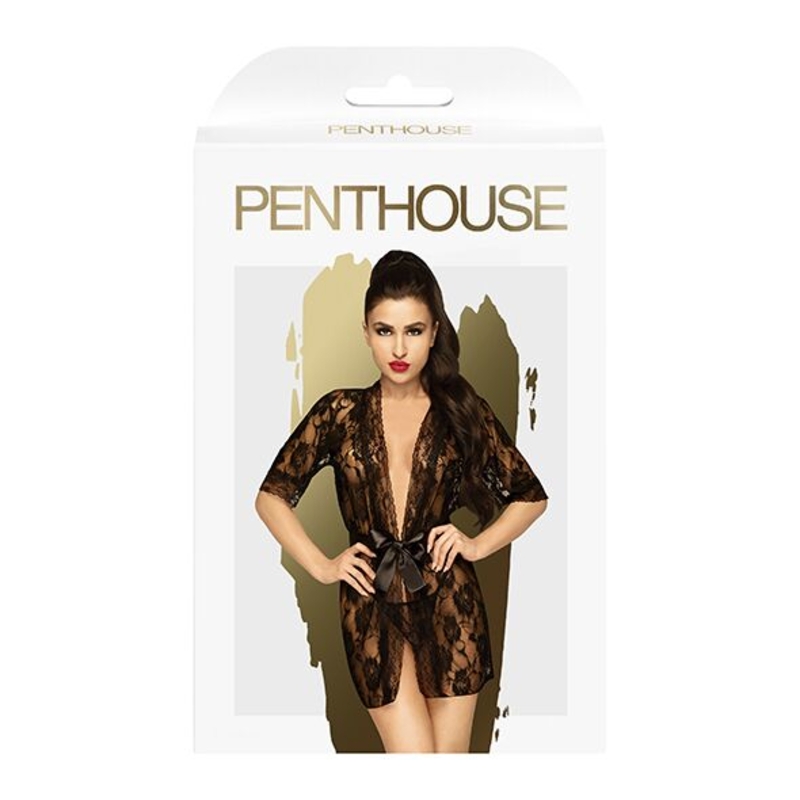 Комплект пеньюар с декором в виде роз и стрингами Penthouse - Sweet Retreat Black S/L, numer zdjęcia 4