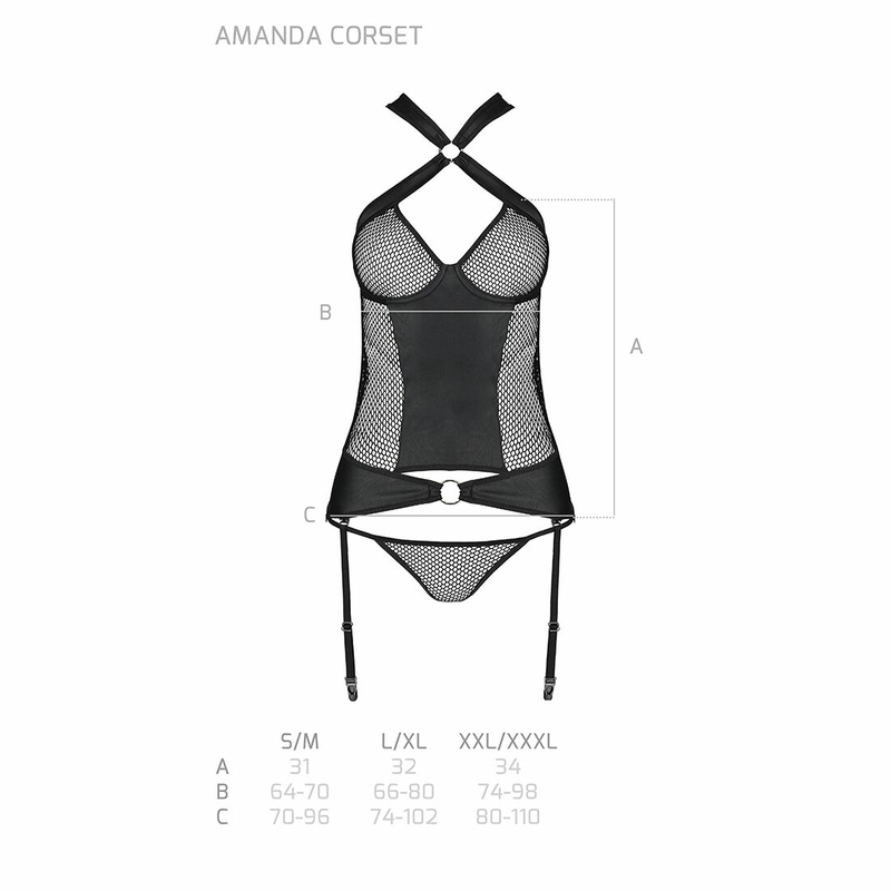 Сетчатый комплект корсет с халтером, съемные подвязки и трусики Passion AMANDA CORSET L/XL, black, numer zdjęcia 8