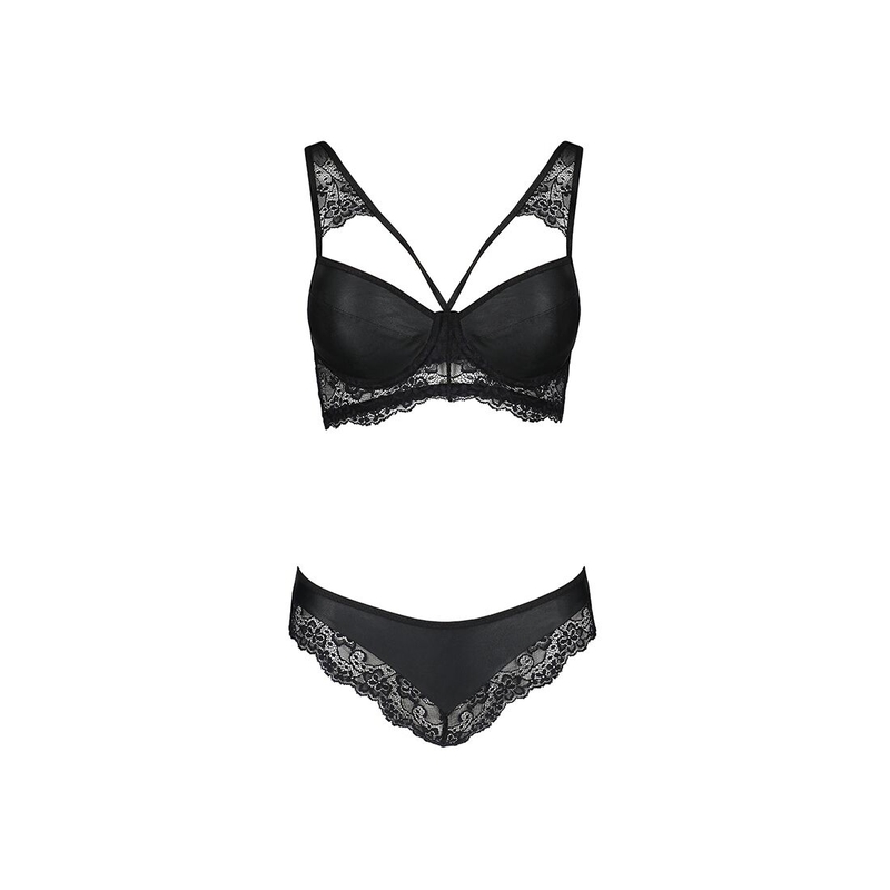 Комплект из эко-кожи с кружевом Passion LOONA SET XXL/XXXL, black, бра и трусики, numer zdjęcia 6