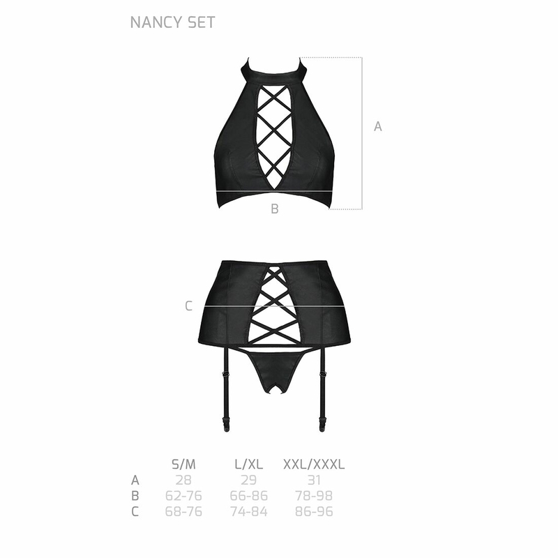 Комплект из эко-кожи имитация шнуровки Passion NANCY SET XXL/XXXL black топ трусики пояс для чулок, photo number 6