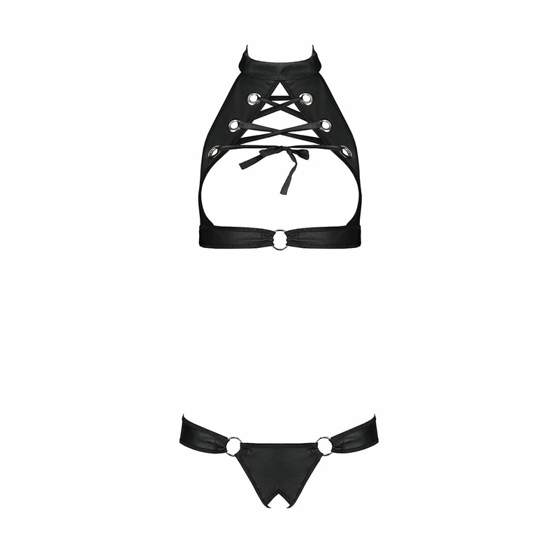 Комплект, открытый топ и трусики из эко-кожи с люверсами Passion MALWIA SET with Open Bra S/M, black, фото №4