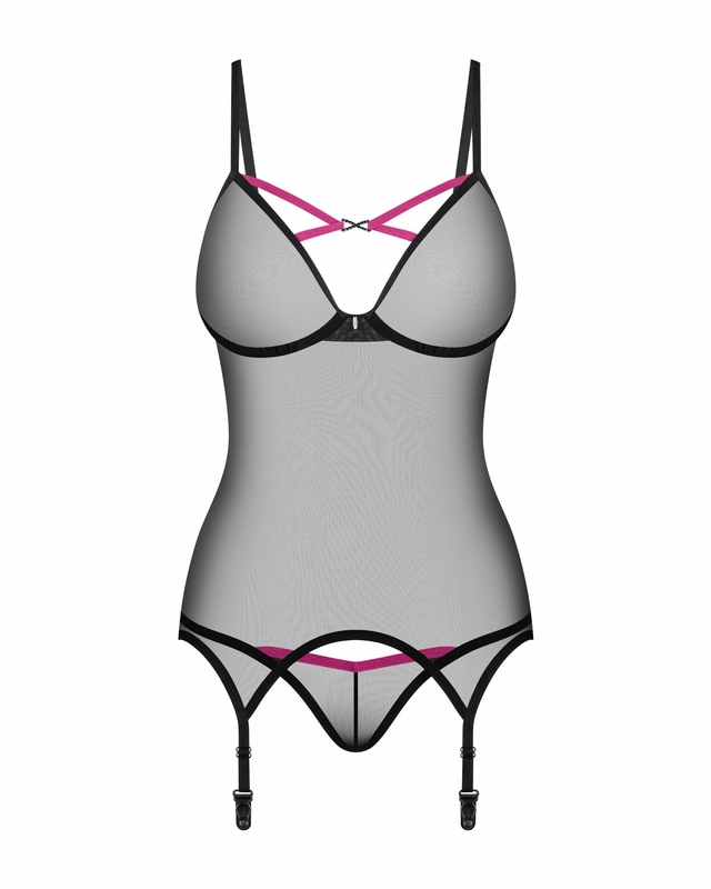 Корсет Obsessive Novenes corset & thong, M/L, прозрачный, открытая спина, стринги в комплекте, фото №5