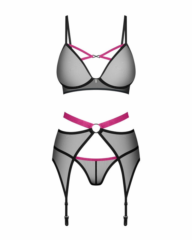 Комплект Obsessive Novenes 3-pcs set, XS/S, прозрачный лиф на косточках, стринги, пояс, фото №5