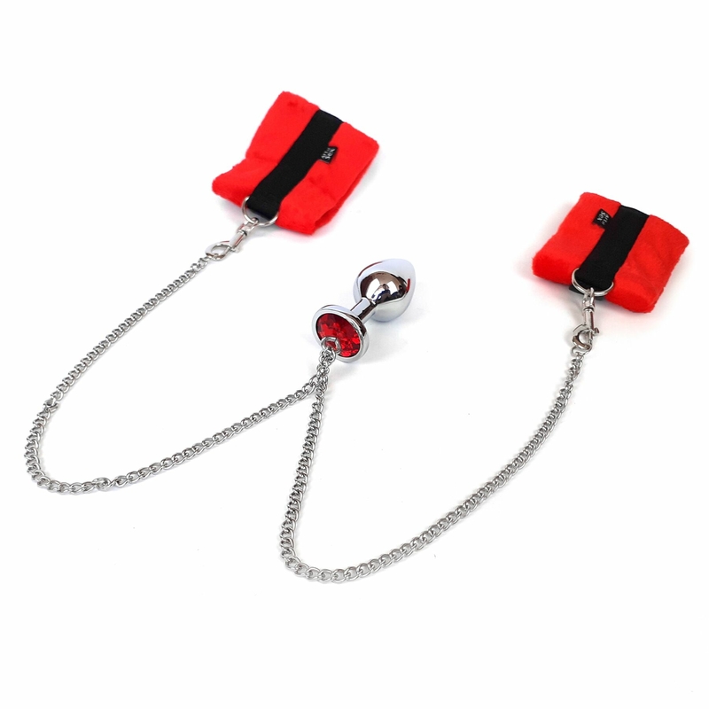 Наручники с металлической анальной пробкой Art of Sex Handcuffs with Metal Anal Plug  size M Red, фото №4