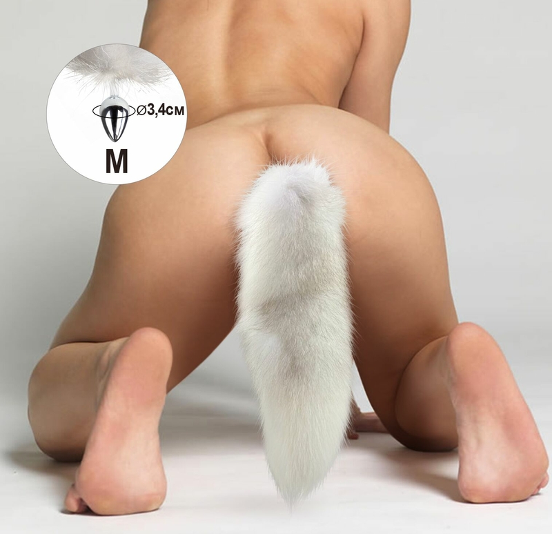 Металлическая анальная пробка с хвостом из натурального меха Art of Sex size M White fox, photo number 5
