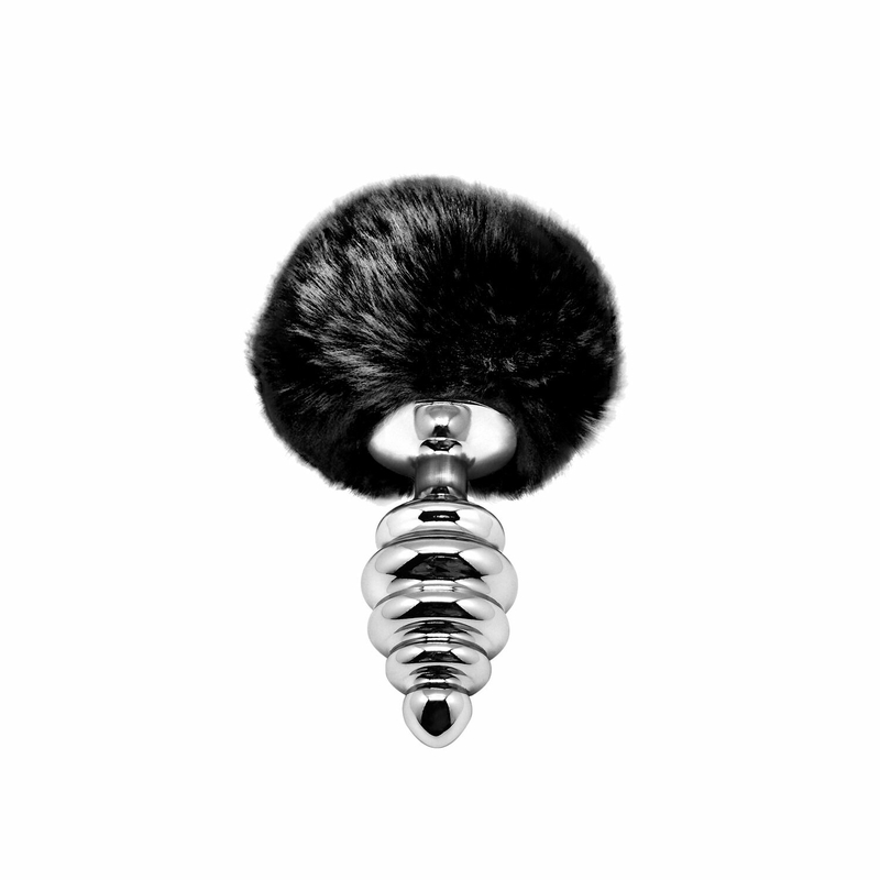 Металлическая анальная пробка Кроличий хвостик Alive Fluffy Twist Plug M Black, диаметр 3,4 см, фото №2