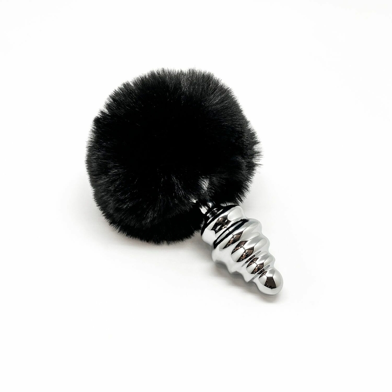 Металлическая анальная пробка Кроличий хвостик Alive Fluffy Twist Plug M Black, диаметр 3,4 см, фото №3