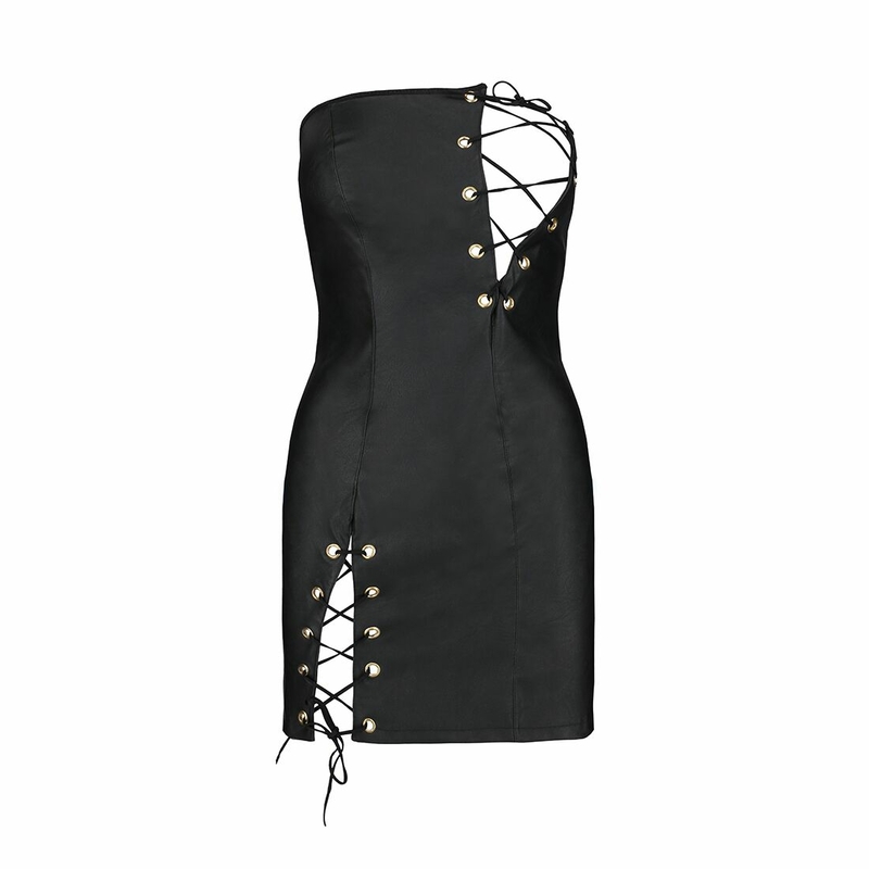 Мини-платье из экокожи Passion CELINE CHEMISE S/M, black, шнуровка, трусики в комплекте, numer zdjęcia 6
