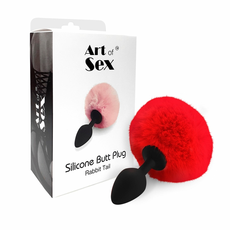 Силиконовая анальная пробка М Art of Sex - Silicone Bunny Tails Butt plug Red, диаметр 3,5 см, фото №4