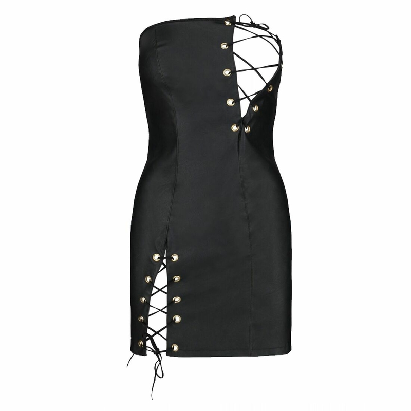 Мини-платье из экокожи Passion CELINE CHEMISE 6XL/7XL, black, шнуровка, трусики в комплекте, фото №4