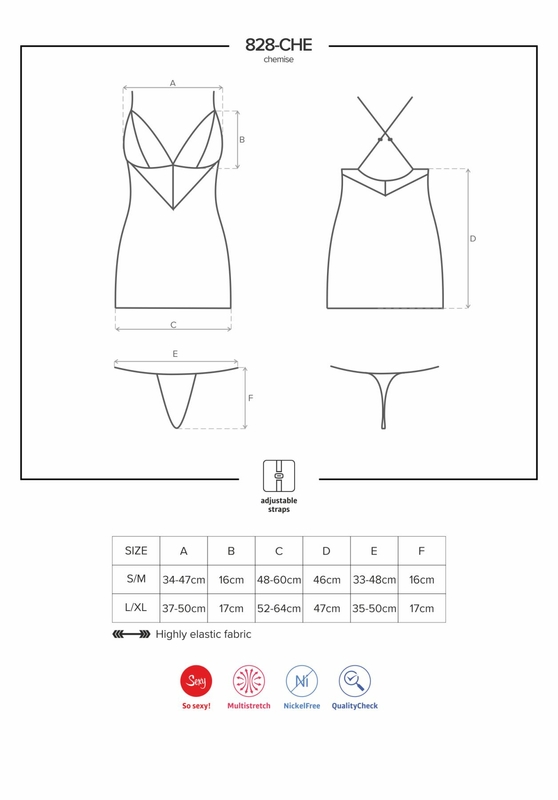 Сатиновый комплект для сна с кружевом Obsessive 828-CHE-1 chemise & thong S/M, черный, сорочка, стри, фото №8