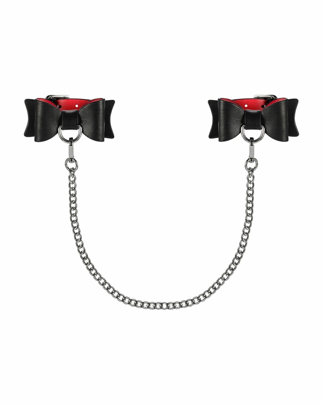 Кожаные наручники-банты с длинной цепью Obsessive A745 cuffs, черно-красные, длинная цепь, photo number 4