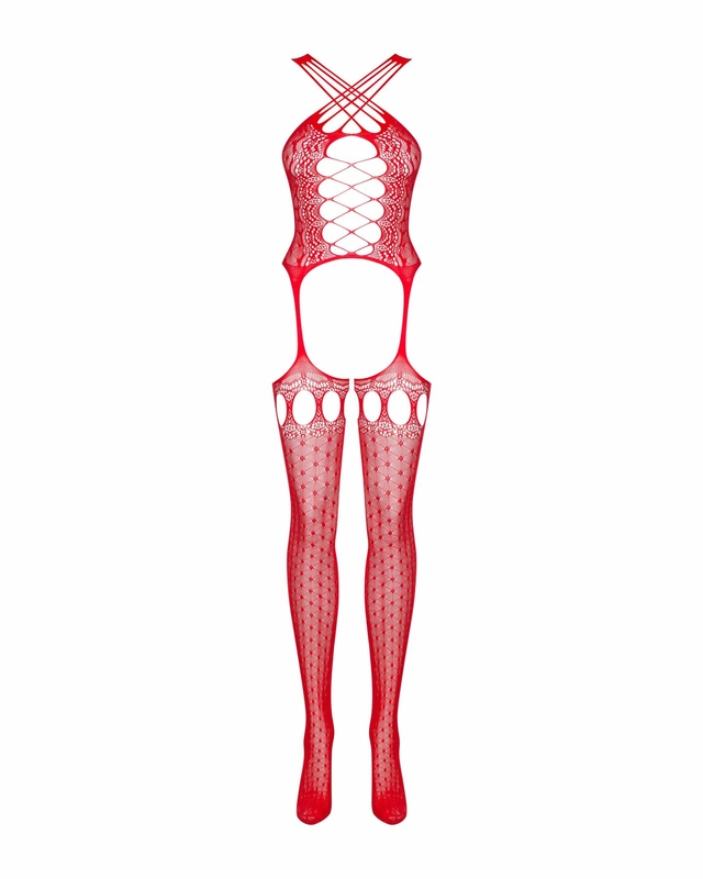 Бодистокинг Obsessive Bodystocking G313 S/M/L red, шнуровка, геометрический декор, numer zdjęcia 6