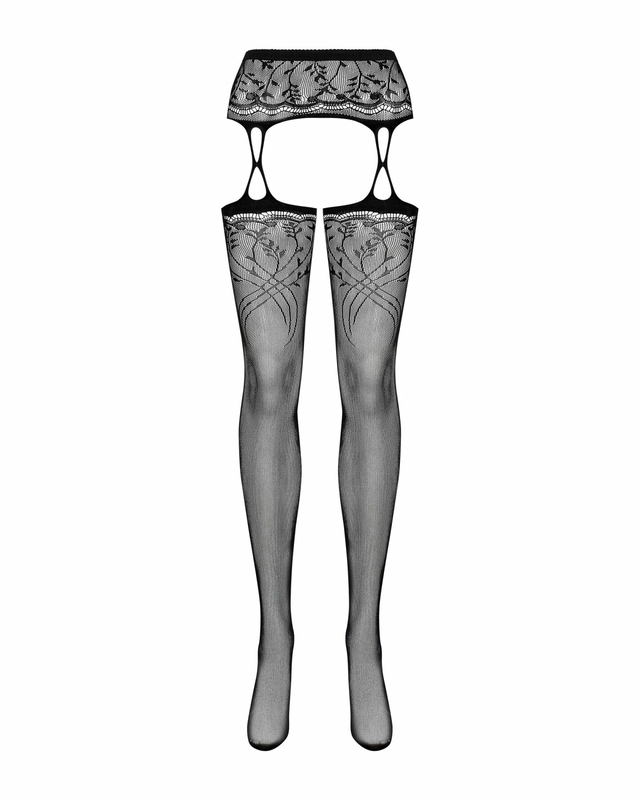 Чулки-стокинги с растительным рисунком Obsessive Garter stockings S206 black S/M/L черные, имитация, photo number 6