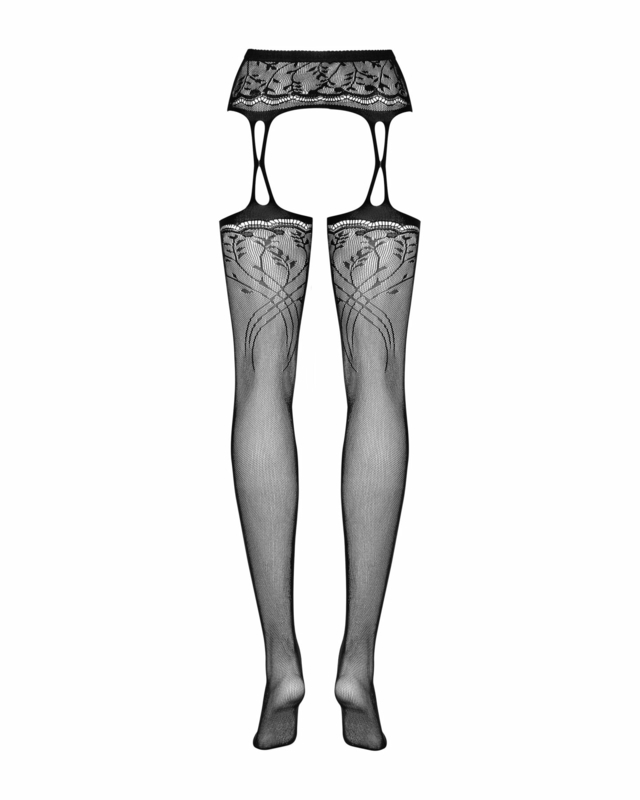 Чулки-стокинги с растительным рисунком Obsessive Garter stockings S206 black S/M/L черные, имитация, photo number 7