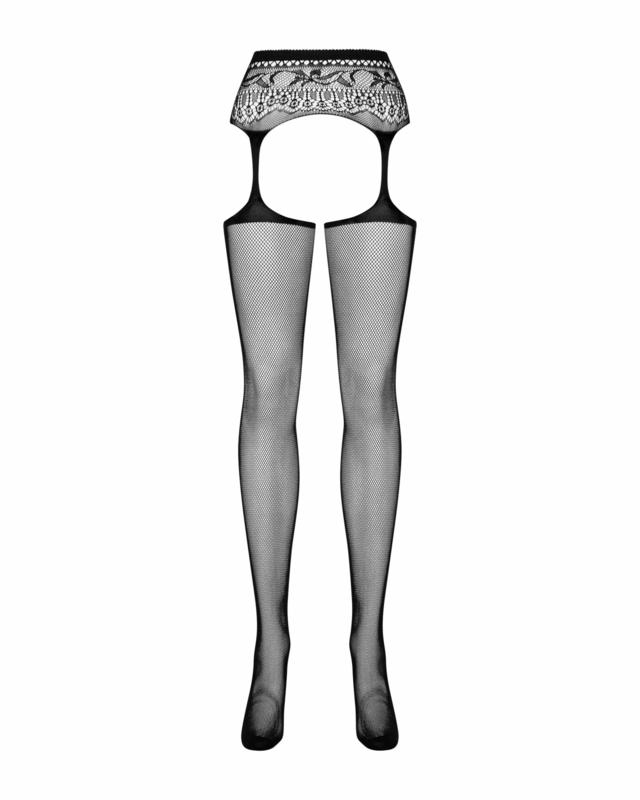 Сетчатые чулки-стокинги с кружевным поясом Obsessive Garter stockings S307 S/M/L, черные, имитация г, фото №6