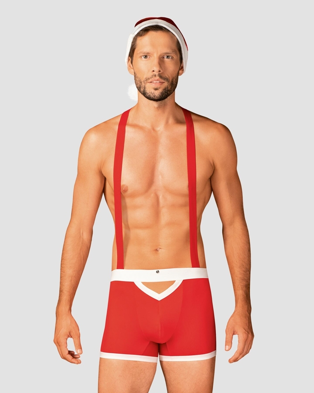 Мужской эротический костюм Санта-Клауса Obsessive Mr Claus S/M, боксеры на подтяжках, шапочка с помп, фото №2