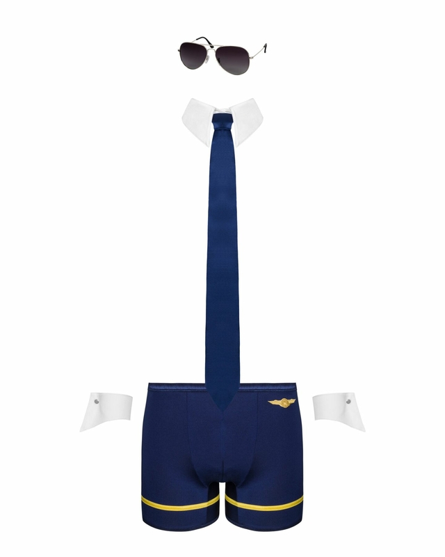 Эротический костюм пилота Obsessive Pilotman set S/M, боксеры, манжеты, воротник с галстуком, очки, фото №6
