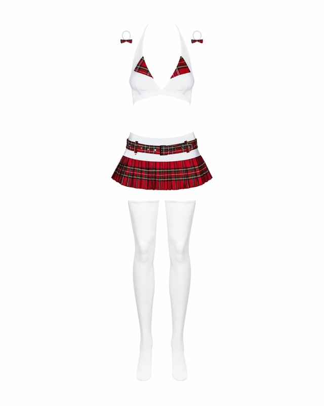 Эротический костюм школьницы с мини-юбкой Obsessive Schooly 5pcs costume S/M, бело-красный, топ, юбк, photo number 6