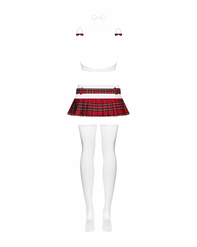 Эротический костюм школьницы с мини-юбкой Obsessive Schooly 5pcs costume S/M, бело-красный, топ, юбк, numer zdjęcia 7