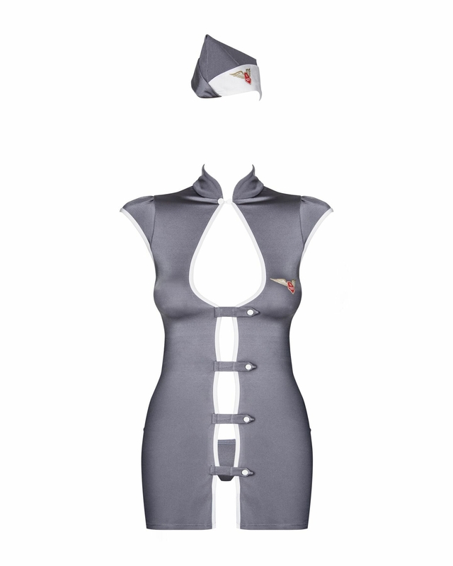 Эротический костюм стюардессы Obsessive Stewardess 3 pcs costume grey S/M, серый, платье, стринги, п, фото №7