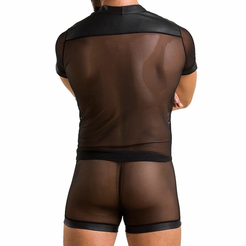 Комплект сетчатого мужского белья Passion 052 SET MICHAEL L/XL black, рубашка, боксеры, заклепки, numer zdjęcia 3