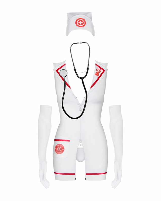 Эротический костюм медсестры Obsessive Emergency dress S/M, white, платье, стринги, перчатки, чепчик, photo number 3