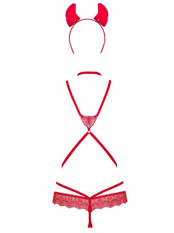 Эротический костюм чертика из стреп Obsessive Evilia teddy red L/XL, боди, чокер, накладки на соски,, numer zdjęcia 5