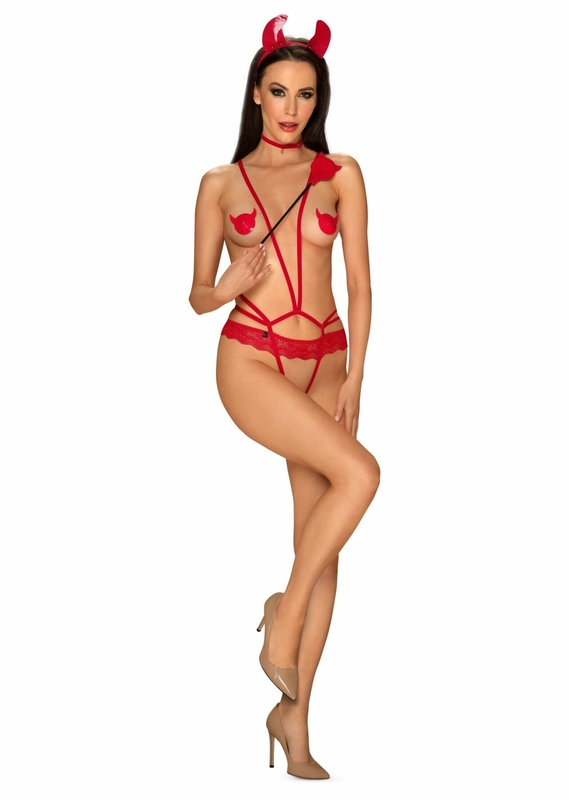 Эротический костюм чертика из стреп Obsessive Evilia teddy red L/XL, боди, чокер, накладки на соски,, numer zdjęcia 6