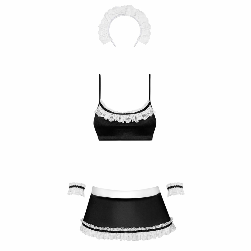 Атласный эротический костюм горничной Obsessive Maid set S/M, black, 5 предметов, numer zdjęcia 4
