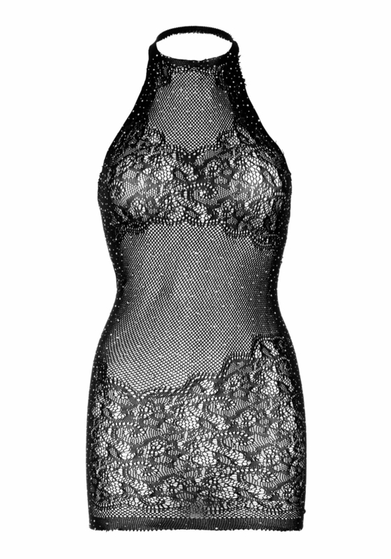 Платье-сетка со стразами Leg Avenue Rhinestone halter mini dress Black, открытая спина, one size, numer zdjęcia 8