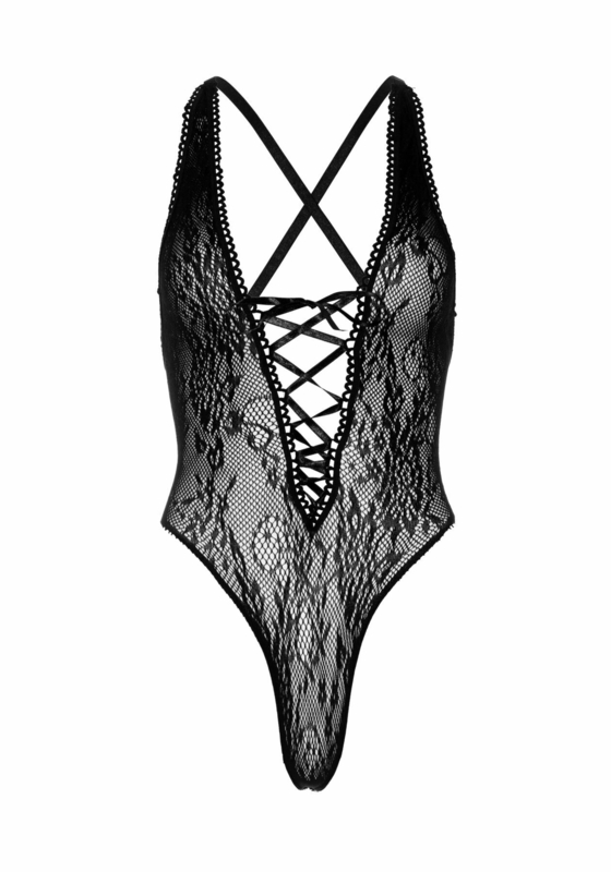 Кружевное боди Leg Avenue Floral lace thong teddy Black, шнуровка на груди, one size, numer zdjęcia 5