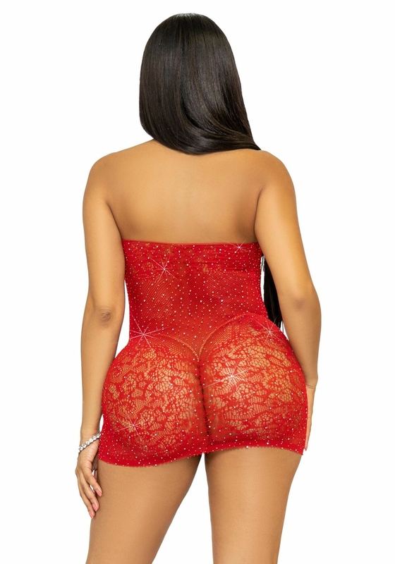 Платье-сетка со стразами Leg Avenue Rhinestone halter mini dress Red, открытая спина, one size, numer zdjęcia 3