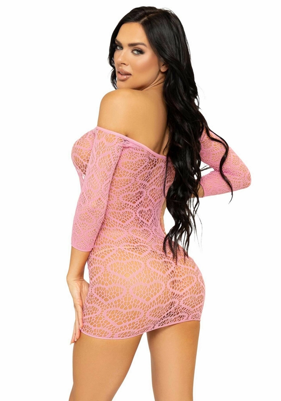 Платье-сетка с сердечками Leg Avenue Heart net mini dress Pink, завязки, открытые плечи, one size, photo number 3