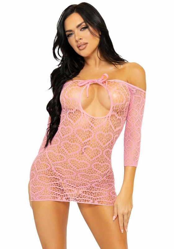 Платье-сетка с сердечками Leg Avenue Heart net mini dress Pink, завязки, открытые плечи, one size, фото №5