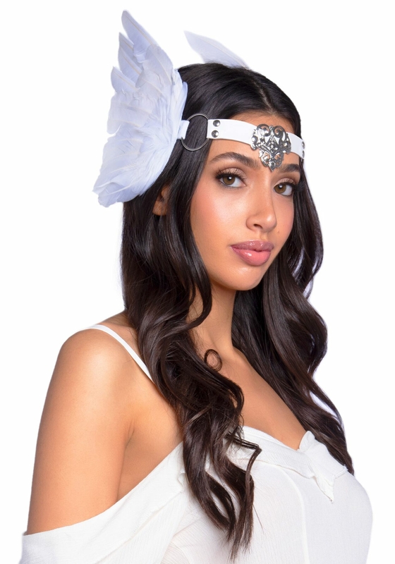 Повязка на голову с крыльями Leg Avenue Feather headband White, перья и натуральная кожа, фото №2