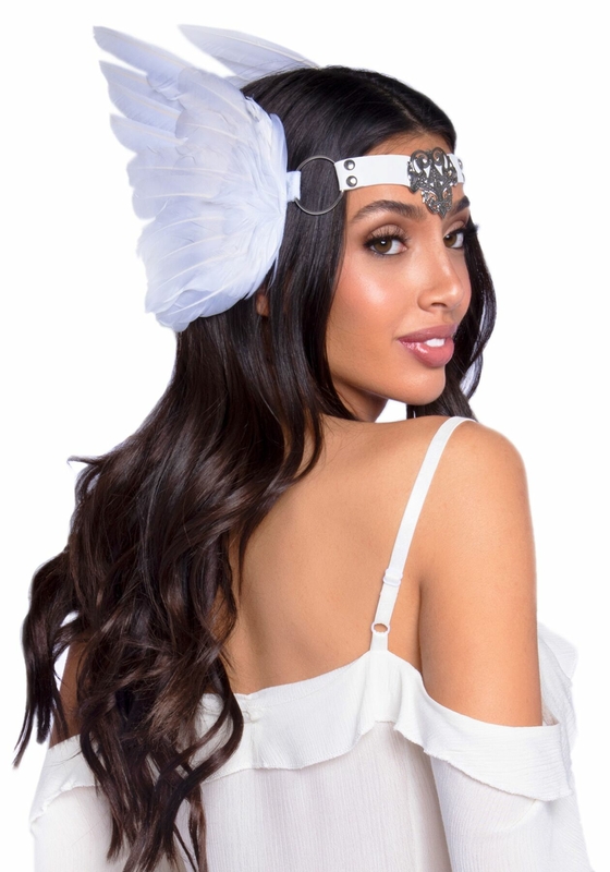 Повязка на голову с крыльями Leg Avenue Feather headband White, перья и натуральная кожа, фото №3