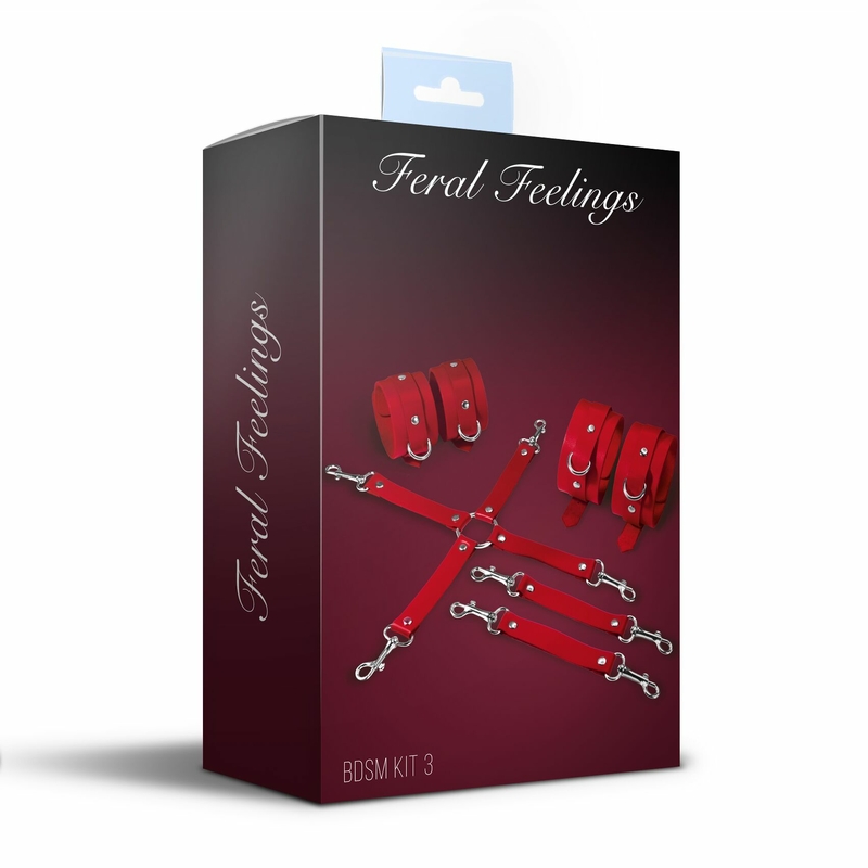 Набор для БДСМ 3 в 1 Feral Feelings BDSM Kit 3 Red, red, наручники, поножи, крестовина, numer zdjęcia 3
