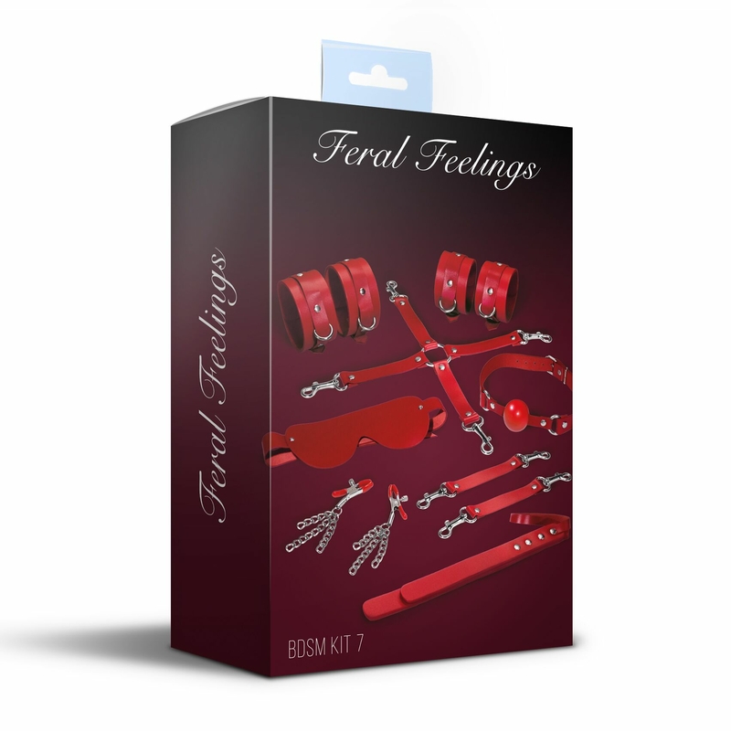 Набор Feral Feelings BDSM Kit 7 Red, наручники, поножи, коннектор, маска, паддл, кляп, зажимы, фото №3