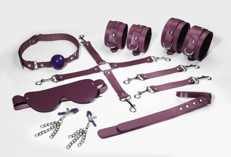 Набор Feral Feelings BDSM Kit 7 Burgundy, наручники, поножи, коннектор, маска, паддл, кляп, зажимы, photo number 2