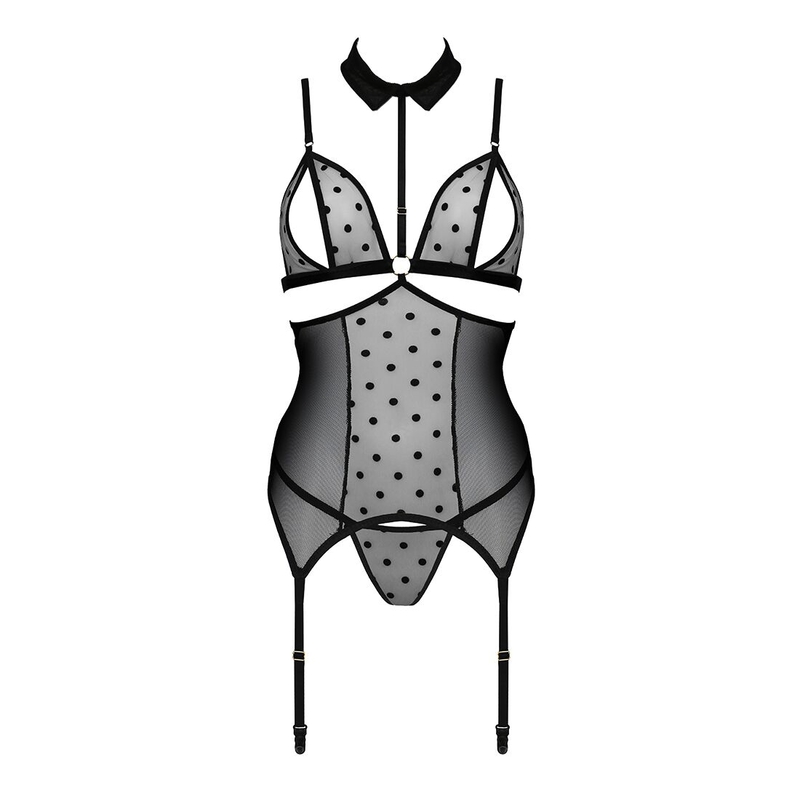 Корсет с открытой грудью Passion DOMINICA CORSET S/M black, пажи для чулок, стринги, фото №4