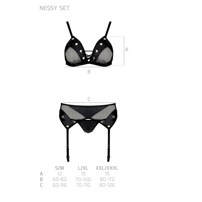 Комплект белья Passion NESSY SET XXL/XXXL black, бюстгальтер, пояс для чулок, стринги, numer zdjęcia 6