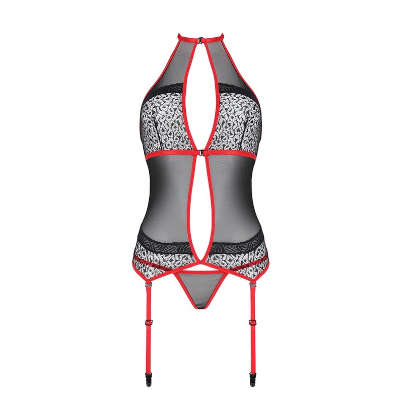 Корсет с пажами Passion SATARA CORSET S/M red, стринги, кружево, застежки спереди и сзади, photo number 4