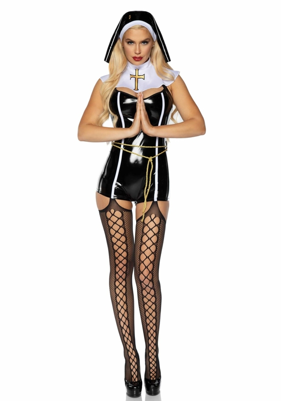 Виниловый костюм монашки Leg Avenue Sinful Sister XS, комбинезон, воротник, пояс, головной убор, фото №4