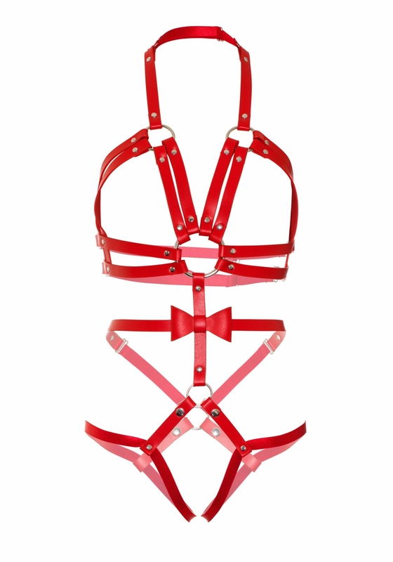 Портупея-тедди из ремней Leg Avenue Studded O-ring harness teddy S Red, экокожа, фото №6